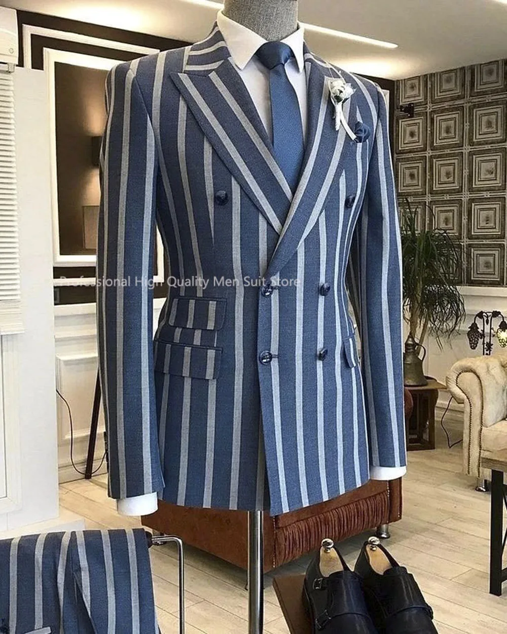 Wide Stripe Blue Business Men Suits Costume Homme Wedding Groom Slim Fit Tailored 2 Pcs Sets Blazer Trousers Party Wear Clothing