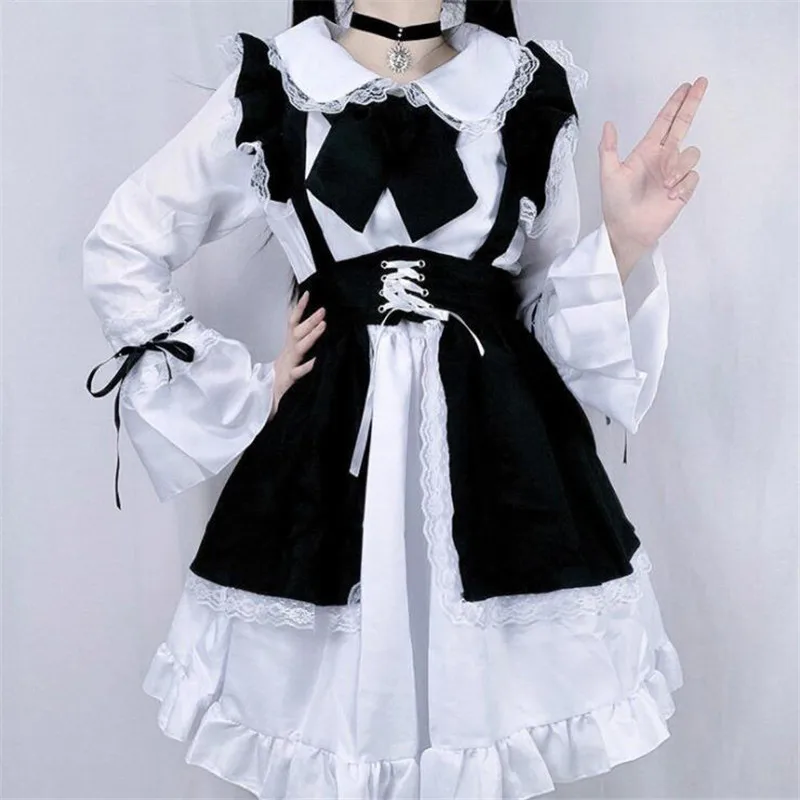 WoMen's Maid Outfit Anime Long Dress Black and White Apron Lolita Dresses Men's Cafe Cosplay Costume Горничная Mucama