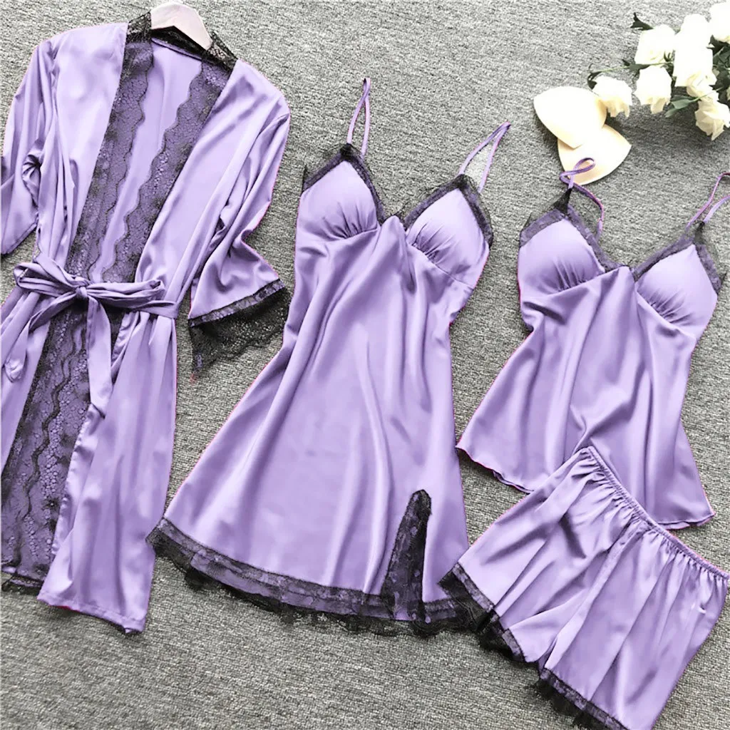 WoMen's Sexy Elegant Faux Silk Sleeping Robe Sleeping Skirt Sleeping Pants Four PcsSet Lace Splicing Homewear Nightdresses