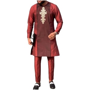 Men's Red African Suit Shirt snd Pant Long Sleeve Tracksuit Dashiki 2 Pieces Set Traditional Outfit Clothing