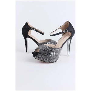 Black Glitter Platform Peep Toe Shoe With Ankle Strap for women